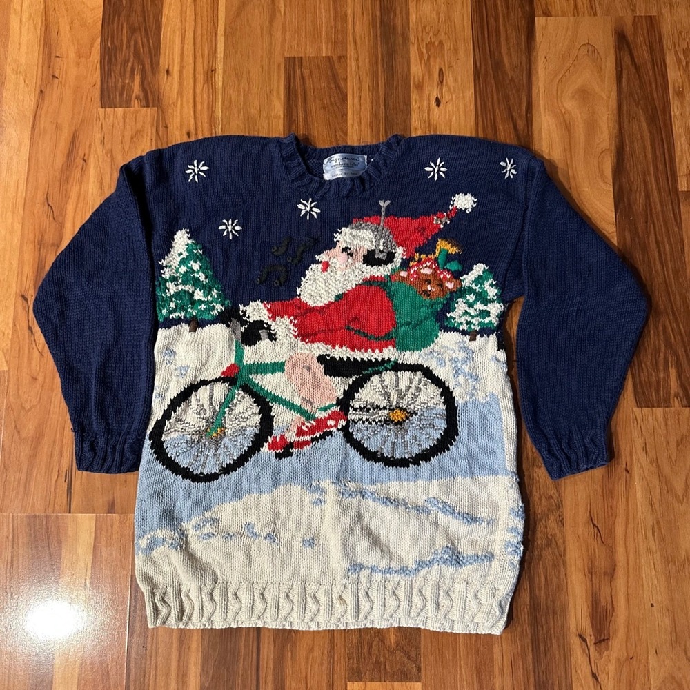 Signatures by Northern Isles Vintage Santa Riding Bicycle Christmas Sweater L